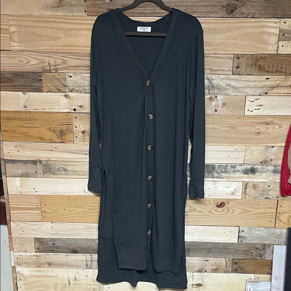 Zenana size XL Charcoal Long Sleeve Ribbed Lightweight Button Cardigan Sweater
